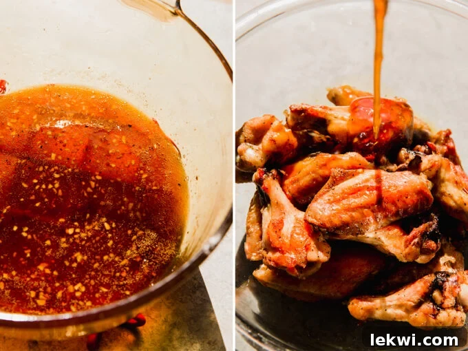 A two-part image showing honey garlic sauce in a bowl and then being poured over cooked chicken wings.