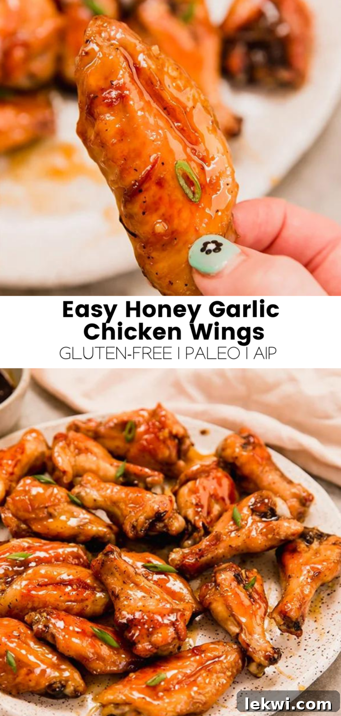 Collage with text "Easy Honey Garlic Chicken Wings Gluten-Free | Paleo | AIP. Enjoy these homemade crispy, sticky wings!"