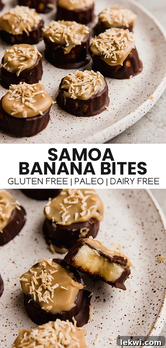 Collage featuring text "Samoa Banana Bites Gluten Free | Paleo | Dairy Free." alongside appetizing images of the delicious treats.
