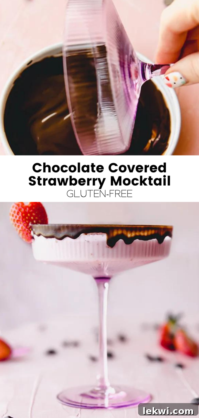 Visually appealing collage displaying the "Chocolate Covered Strawberry Mocktail Gluten-Free" with various elements of the drink and ingredients.