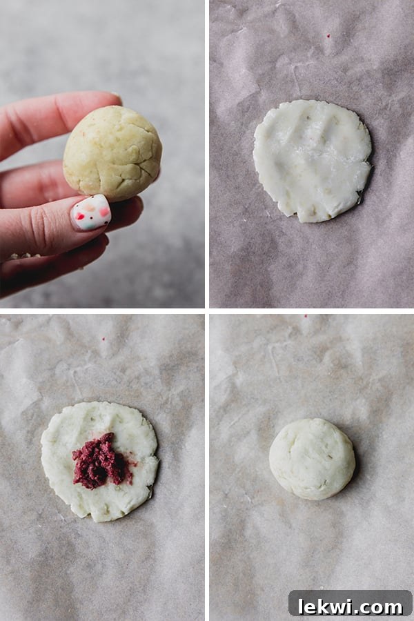 A visual guide showing the process of rolling sweet potato dough, flattening it, adding beef and marinara filling, and shaping it into a small pizza bite.