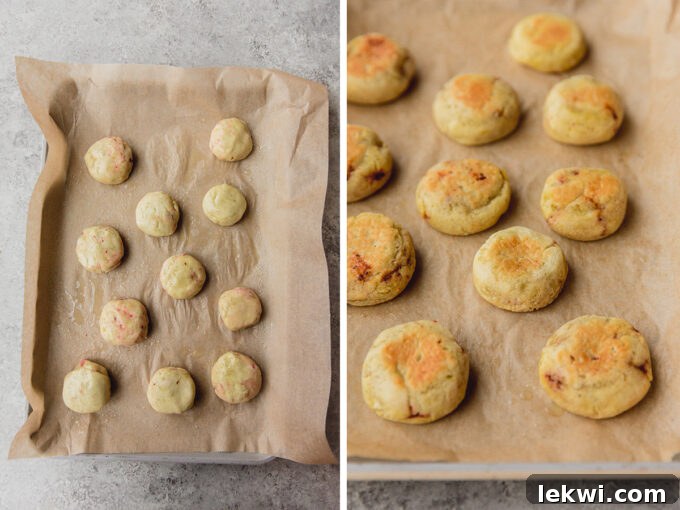 A two-panel image showing AIP pizza rolls on a baking sheet: one before baking (pale) and one after baking (golden-brown and cooked).