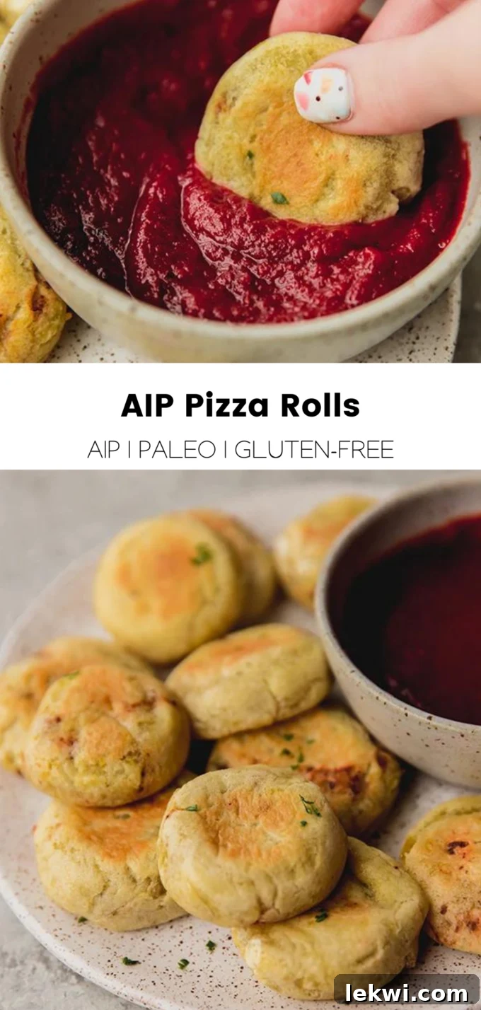 Visually appealing collage with text "AIP Pizza Rolls" and labels "AIP | Paleo | Gluten-Free" highlighting the key dietary benefits of the recipe.