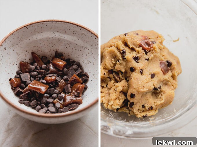 The chocolate chips and caramel in a bowl next to the chocolate chip caramel cookie dough, ready to be mixed.