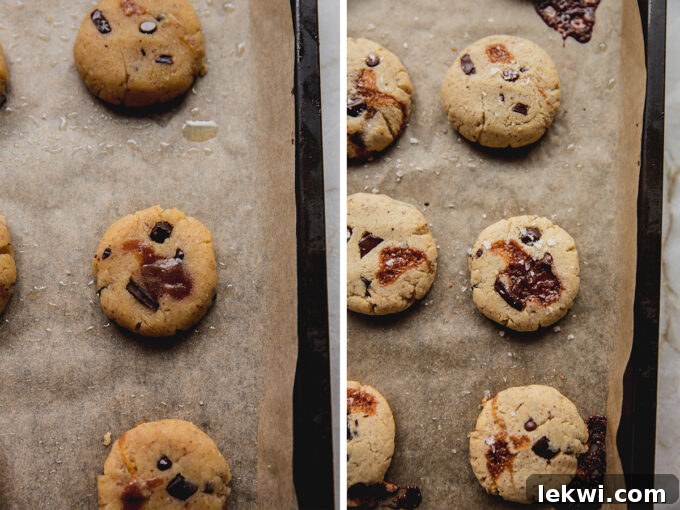 Chocolate chip caramel cookie dough before and after baking, showcasing the transformation.