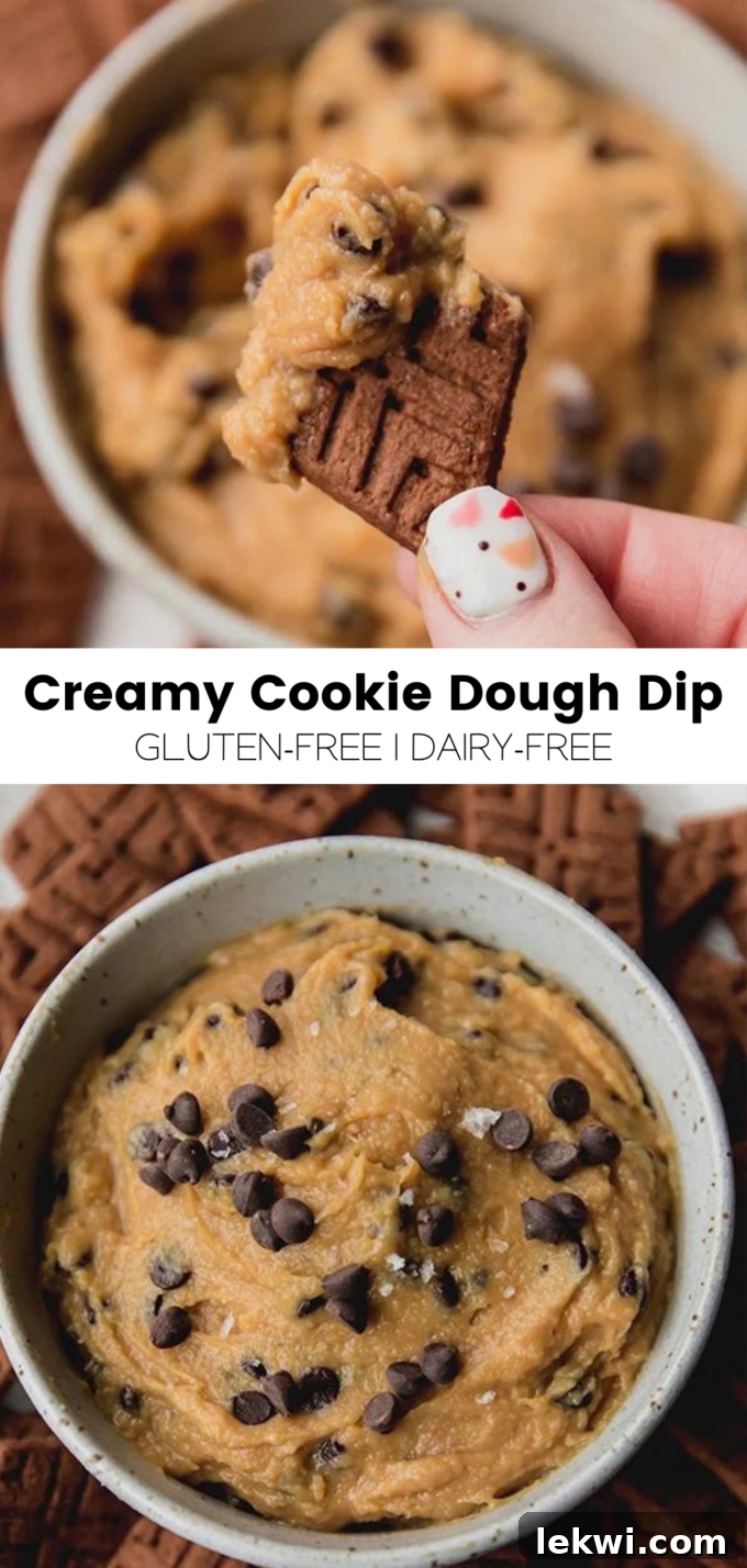 Dairy Free Gluten Free Creamy Cookie Dough Dip 5 A vibrant collage featuring a bowl of creamy cookie dough dip with text overlays reading "Creamy Cookie Dough Dip Gluten-Free | Dairy-Free" to highlight its key features.