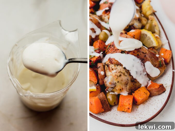 A side-by-side view of the creamy sauce, first in a bowl and then drizzled over the cooked Mediterranean chicken and vegetables.