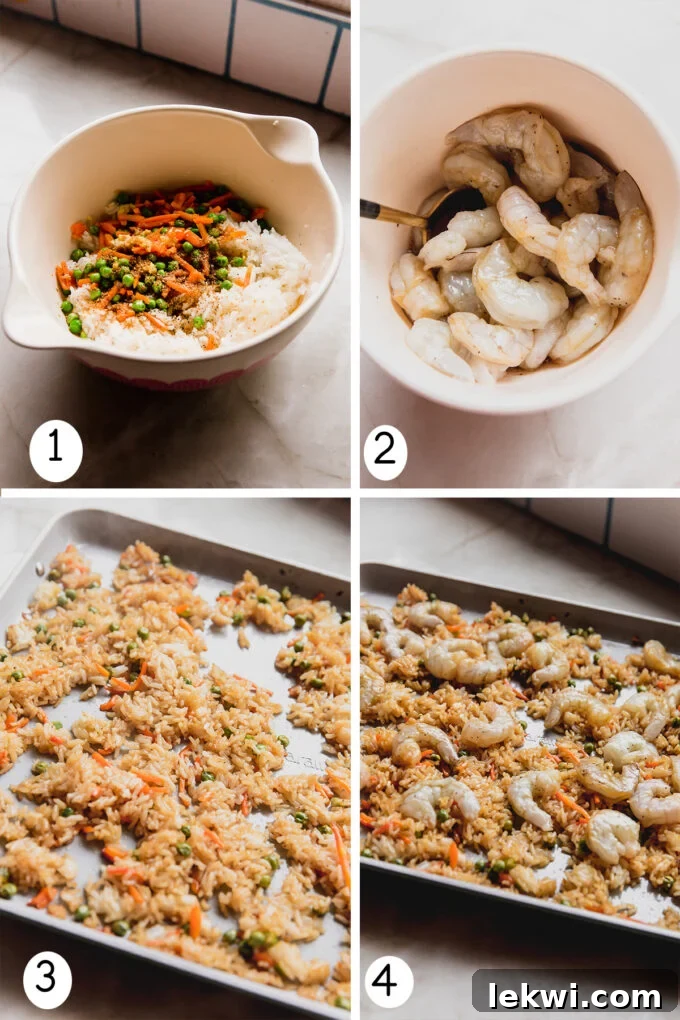 A step-by-step photographic guide showing the process of making sheet pan shrimp fried rice, from mixing ingredients to the final bake.