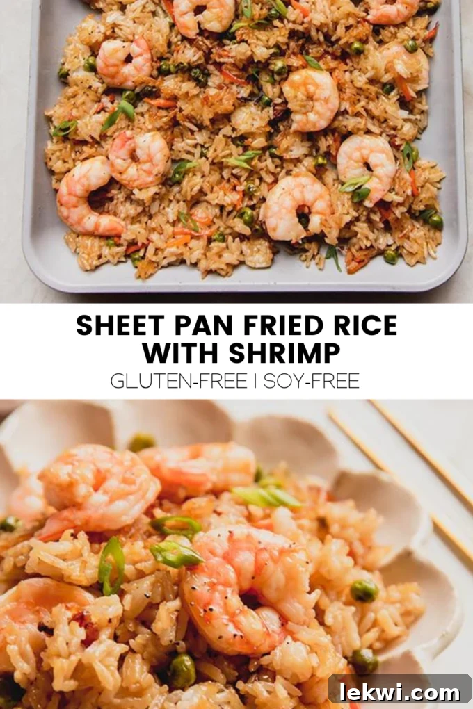 A vibrant collage promoting the Sheet Pan Fried Rice with Shrimp recipe, highlighting its Gluten-Free and Soy-Free qualities.