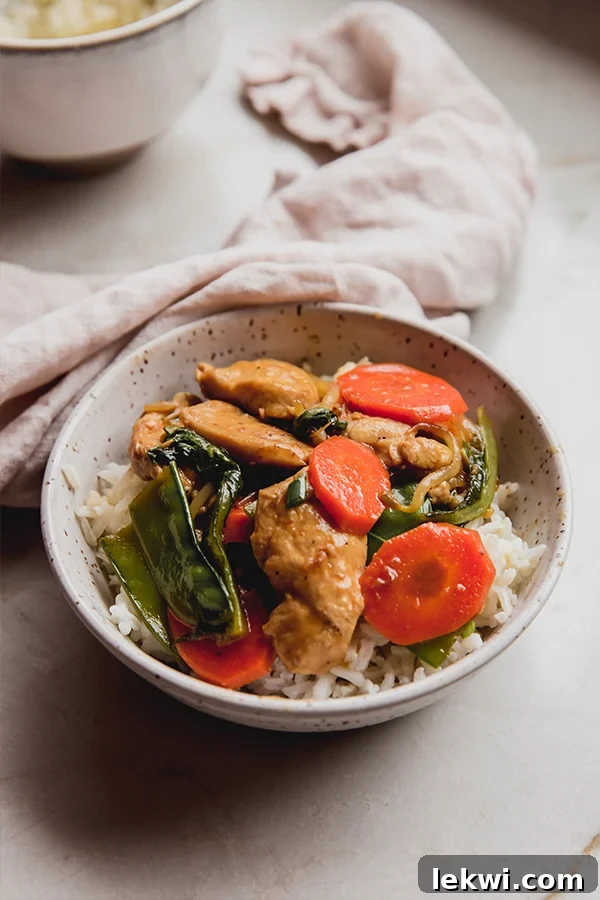 A beautifully plated bowl of gluten-free chop suey with a side of white rice, set on a modern kitchen counter, emphasizing a fresh and healthy meal.