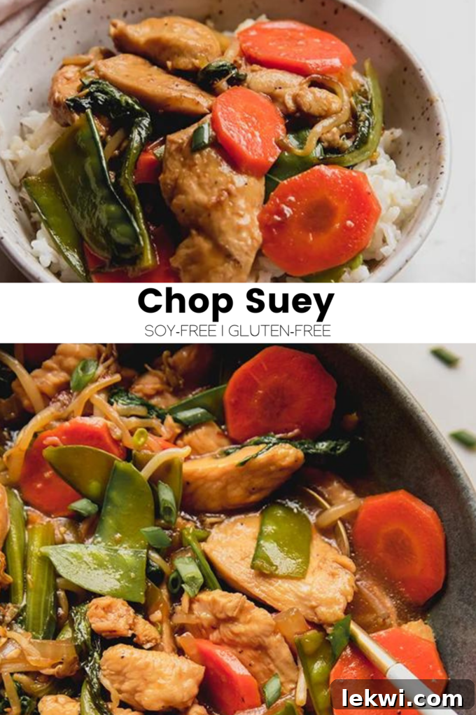 Collage with text "Chop Suey Soy-Free | Gluten-Free." highlighting the key dietary features of the dish.