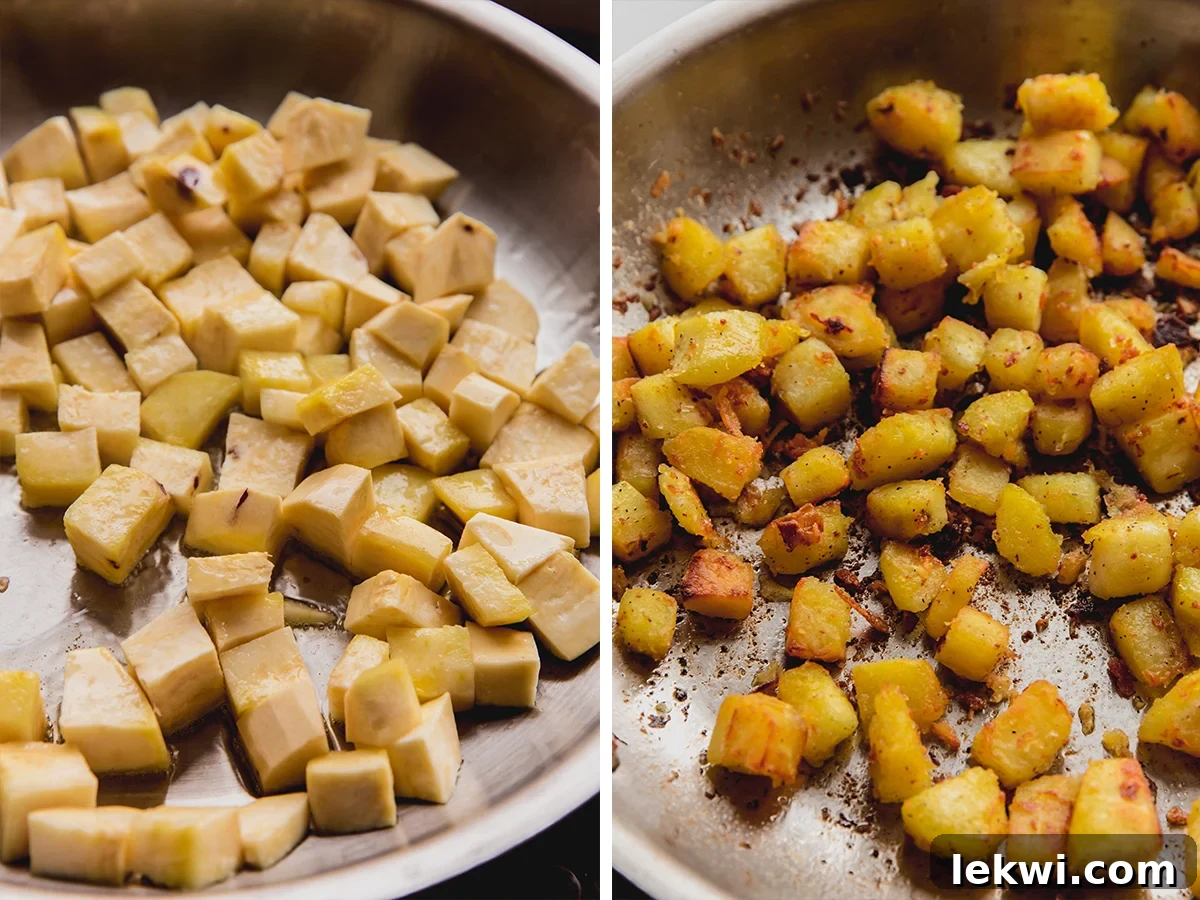 Side by side photo of sweet potatoes in a pan, showing raw chopped potatoes on one side and golden, cooked, crispy potatoes on the other.
