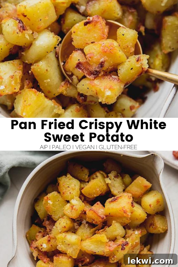 Collage with text "Pan Fried Crispy White Sweet Potato AIP | Paleo | Vegan | Gluten-Free." highlighting the dietary benefits of the recipe.
