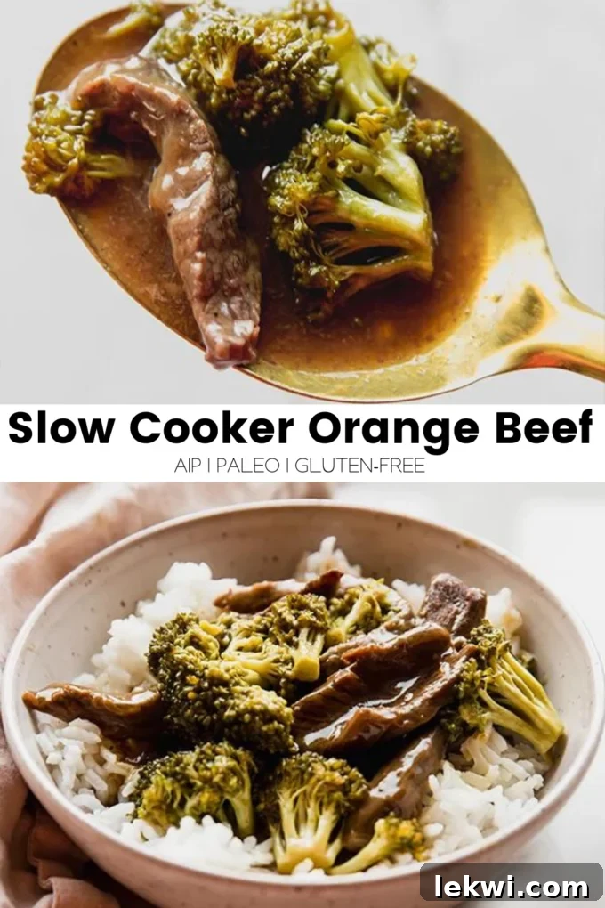 Collage with text "Slow Cooker Orange Beef AIP | Paleo | Gluten-Free." highlighting dietary benefits.