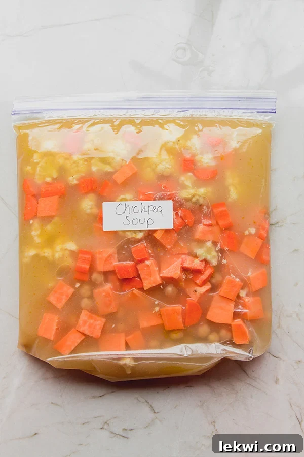 A sealed freezer bag containing chicken soup ingredients, ready for storage.