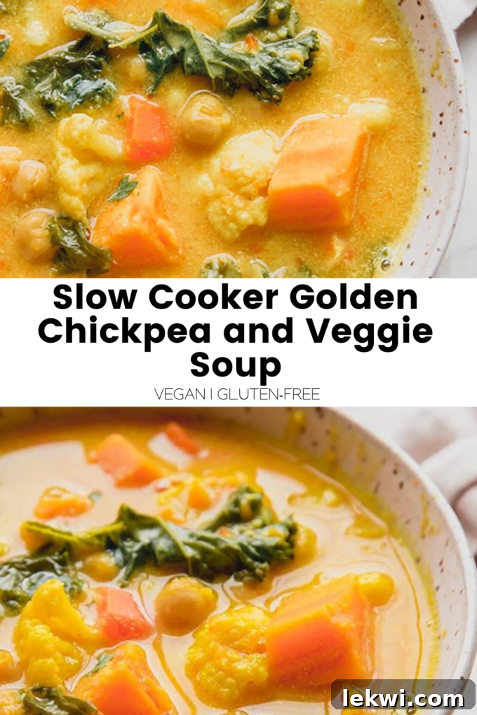 Collage with text "Slow Cooker Golden Chickpea and Veggie Soup Vegan | Gluten-Free."