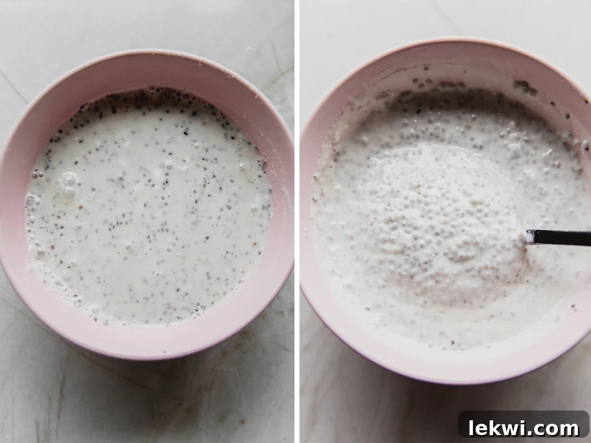A visual guide depicting the mascarpone layer of tiramisu chia pudding: a bowl of liquid ingredients with chia seeds on the left, transitioning to a thick, creamy pudding on the right after absorption.