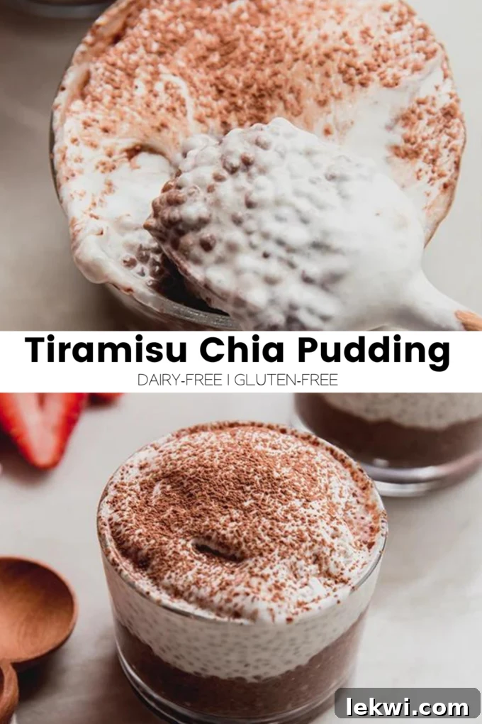 A collage with text "Tiramisu Chia Pudding Dairy-Free | Gluten-Free" overlaid on an image of the layered dessert in a glass, with fresh coffee beans in the background.