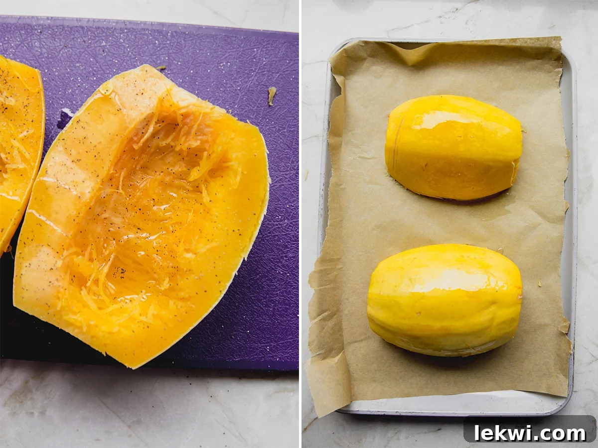 Spaghetti squash being prepped and seasoned with avocado oil, salt, and pepper before baking.