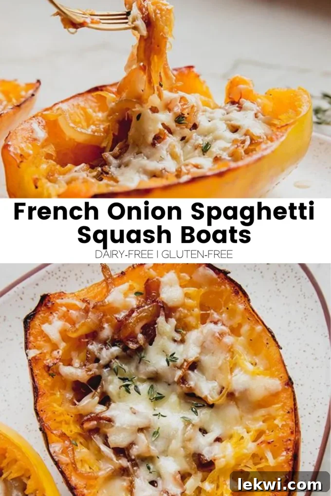 Collage with text "French Onion Spaghetti Squash Boats Dairy-Free | Gluten-Free."