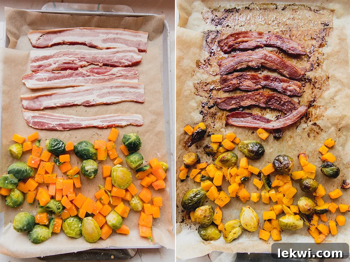 A sheet pan with raw bacon strips arranged on one side and a mound of seasoned frozen vegetables on the other, ready for oven baking.