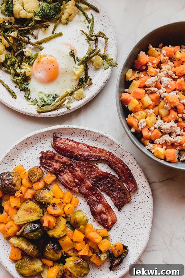 A close-up shot of a plate with a cooked bacon and vegetable hash, garnished with fresh herbs, ready to eat.