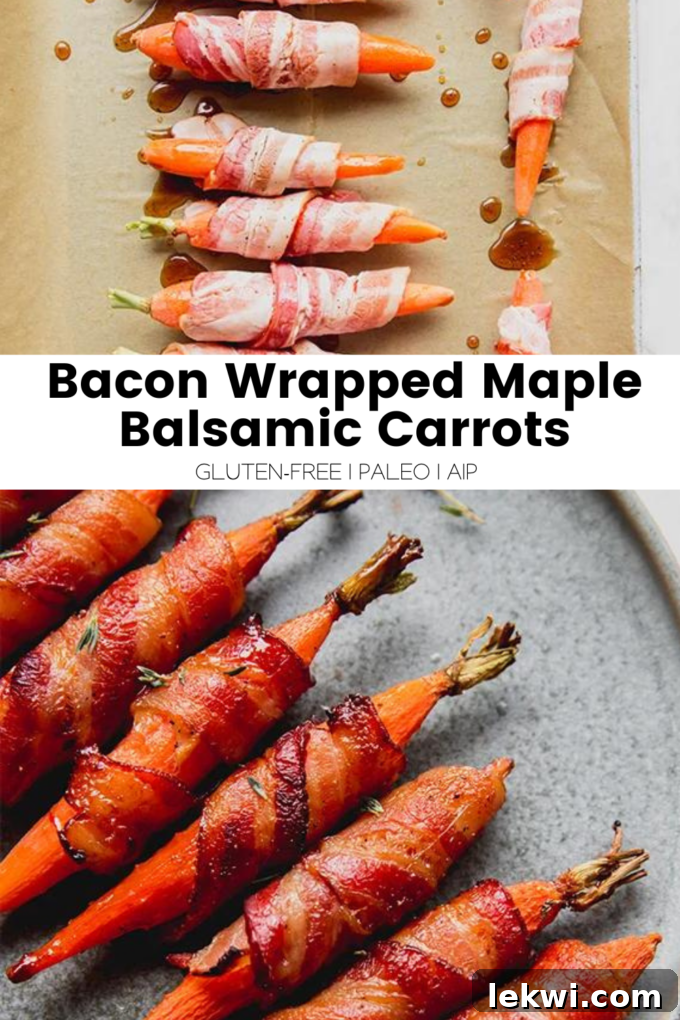 A visually appealing collage with the text "Bacon Wrapped Maple Balsamic Carrots Gluten-Free | Paleo | AIP" prominently displayed, suitable for social media sharing.