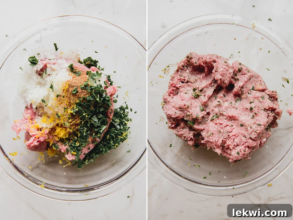 Beef kofta ingredients mixed in a bowl, ready for shaping.