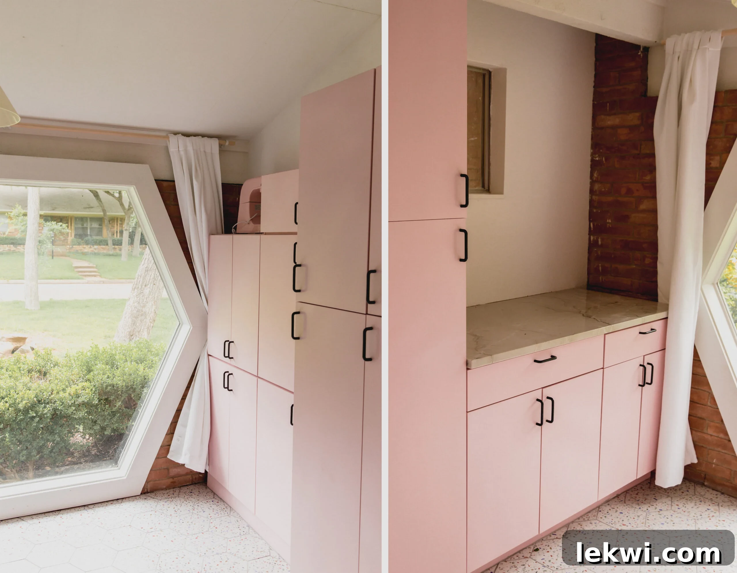 Original hexagon window in a newly renovated pantry with pink cabinets, showcasing a unique architectural feature.