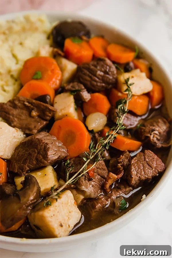 Thyme on a dish of beef bourguignon.
