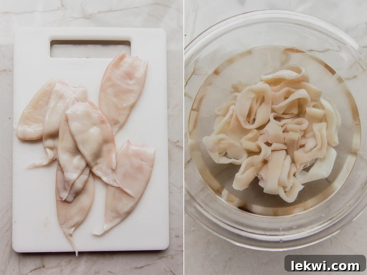 The uncooked calamari before and after preparing to cook.