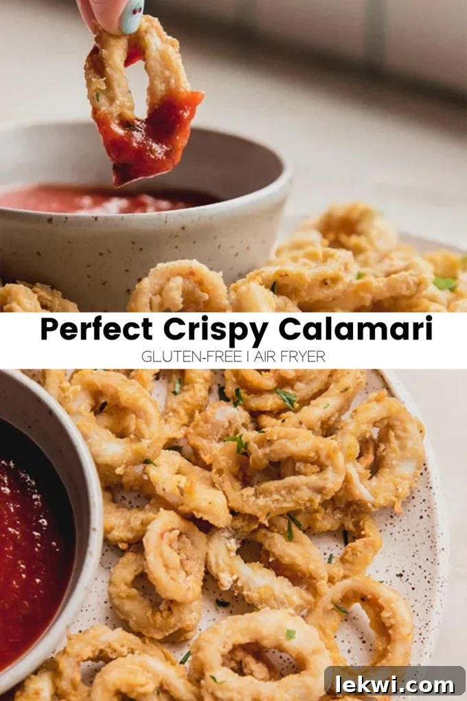 Collage with text "Perfect Crispy Calamari Gluten-Free | Air Fryer."