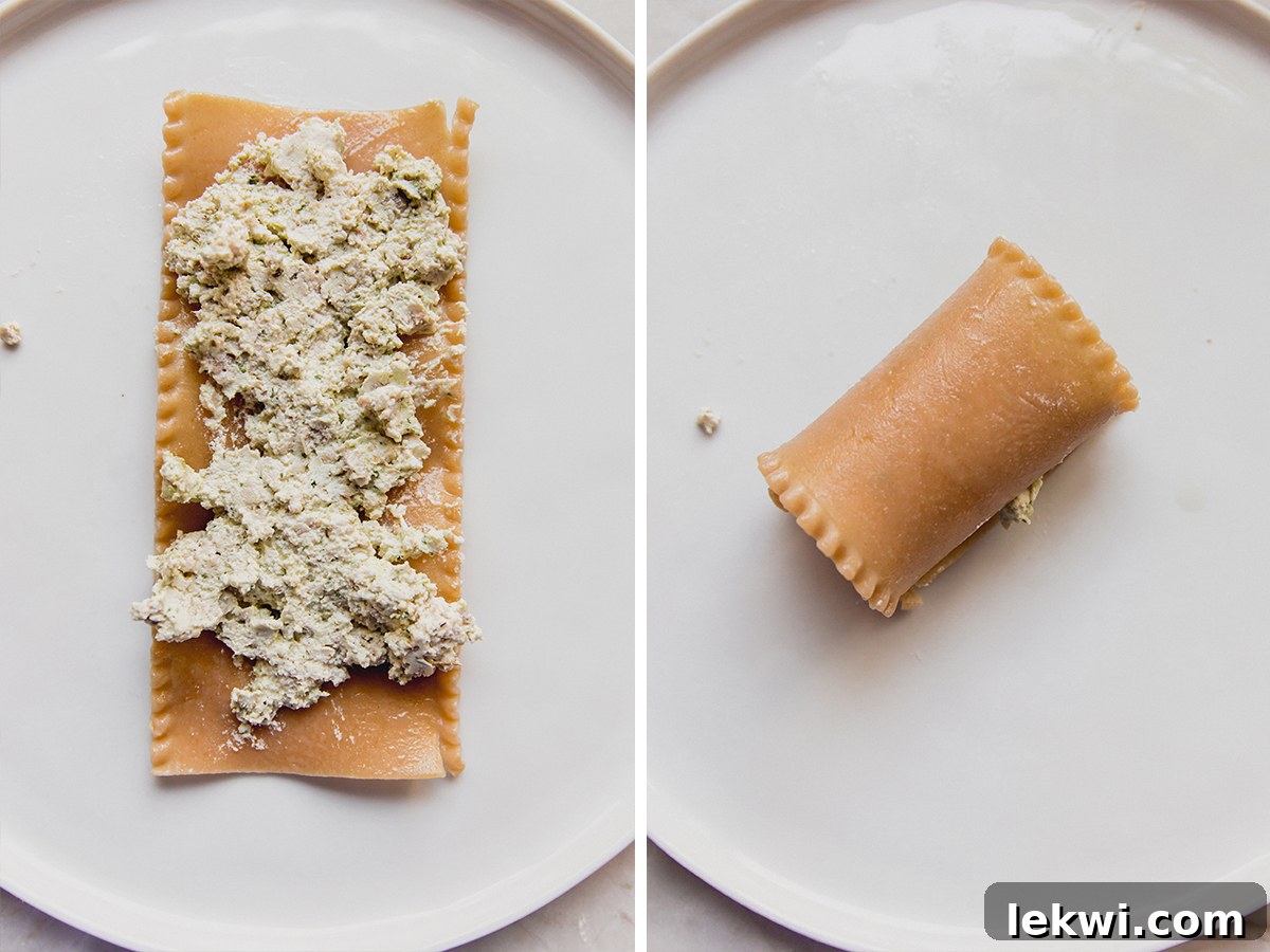 A step-by-step collage showing the process of spreading filling on a lasagna noodle and then rolling it up.