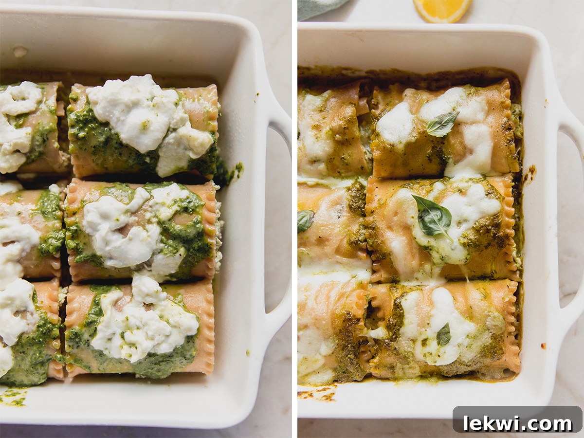 Before and after baking comparison of white pesto lasagna roll-ups in a casserole dish, showing them uncooked and then golden-brown and bubbly.