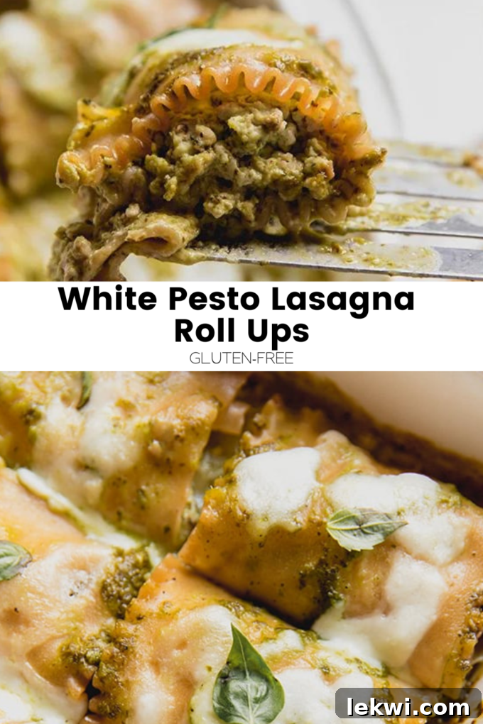 Collage with text "White Pesto Lasagna Roll Ups Gluten-Free." highlighting the delicious dish.