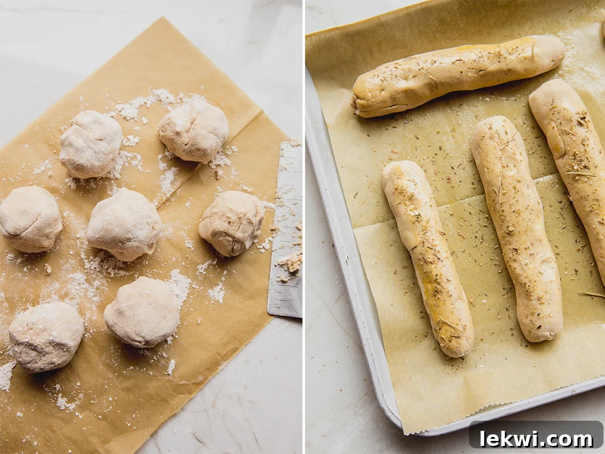 Gluten-free breadstick dough before baking, showing its pliable texture, and golden-brown breadsticks after baking, illustrating the successful rise and crust development.