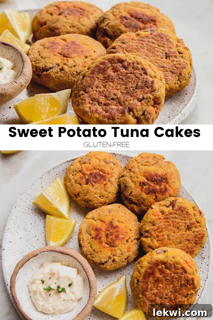 Collage with text "Sweet Potato Tuna Cakes Gluten-Free."