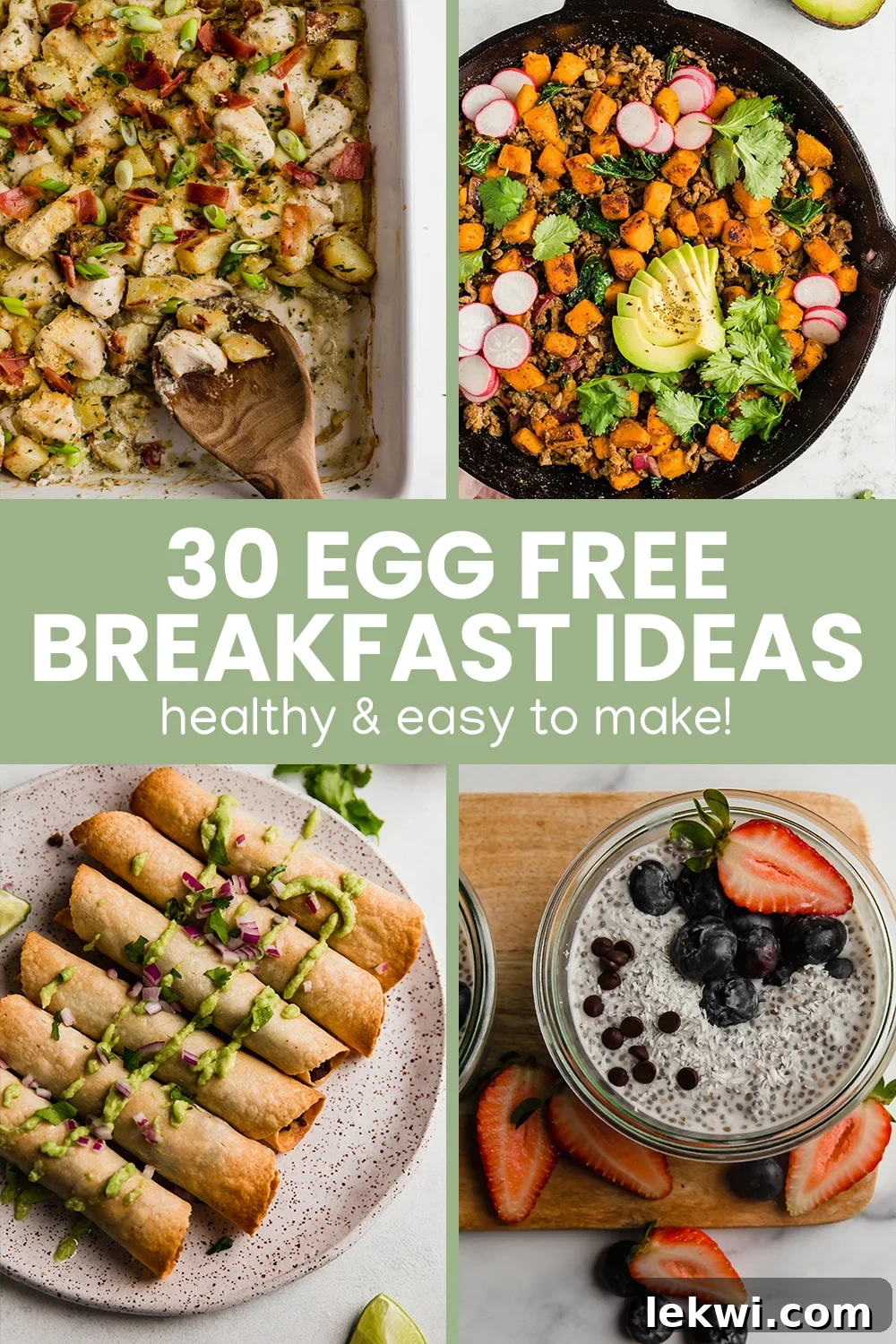 Collage with text \"30 Egg Free Breakfast Ideas Healthy & Easy to Make!\"
