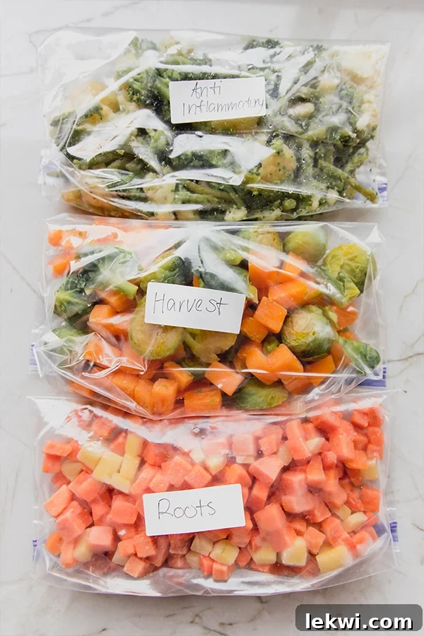 Bags of frozen vegetables.