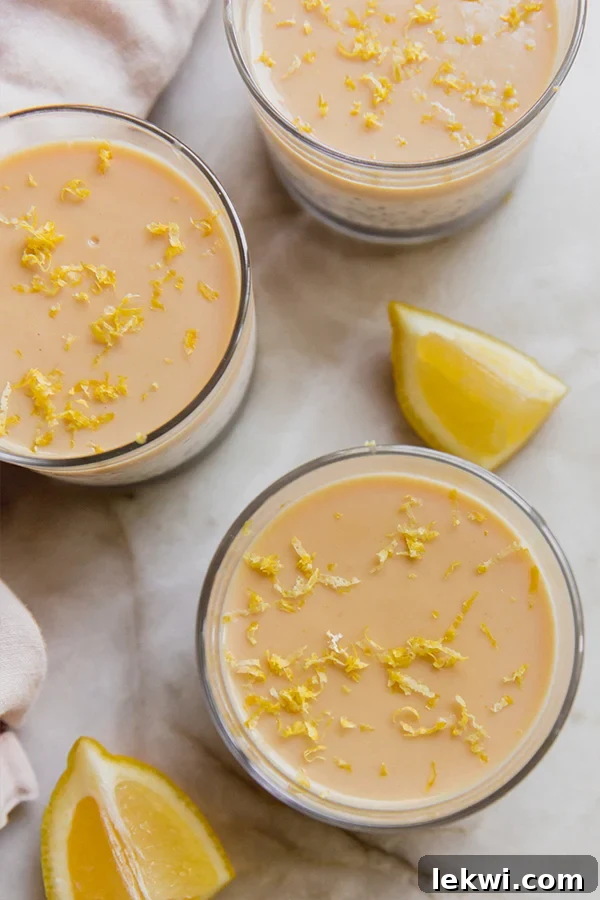Lemon chia pudding topped with fresh lemon zest and a sprig of mint, presented in a clear glass.