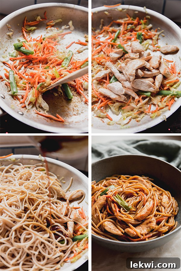 Photos of the step by step steps of making the gluten-free chicken chow mein.