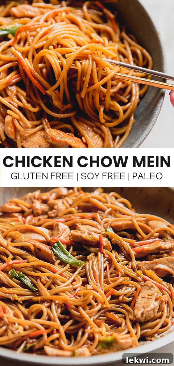 Collage with text \"Chicken Chow Mein Gluten Free | Soy Free | Paleo.\"