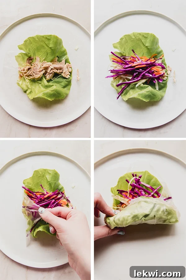 A visual step-by-step guide showing how to prepare ingredients and begin to roll chicken and vegetable summer rolls.