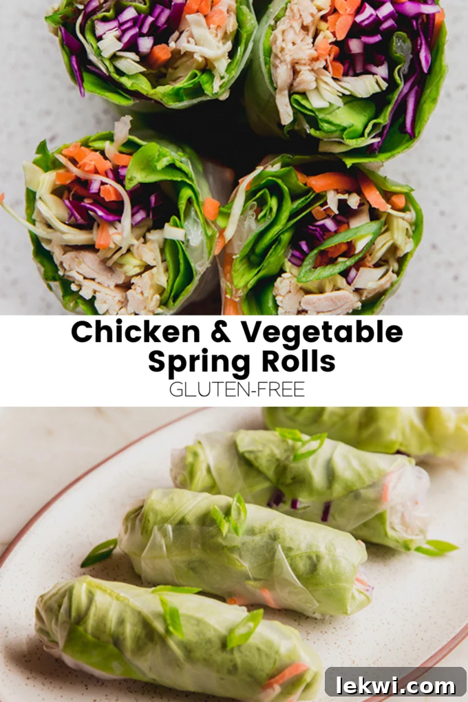 A visually appealing collage with the text "Chicken & Vegetable Summer Rolls Gluten-Free," featuring fresh, colorful summer rolls and ingredients.