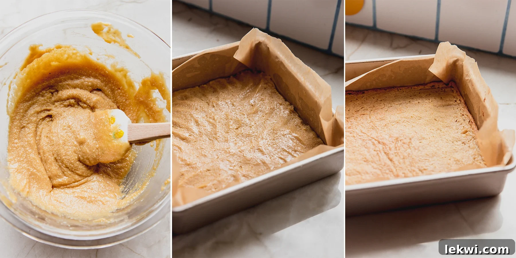 Step-by-step photos illustrating the process of preparing and baking the graham cracker crust for gluten-free s'mores bars.