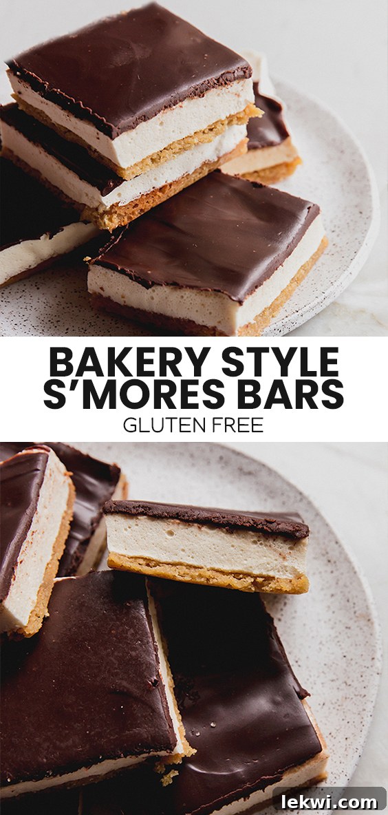 A visual collage displaying the text 'Bakery Style S'Mores Bars Gluten Free,' alongside images of the delicious dessert.
