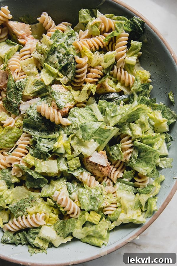 Chicken Caesar pasta salad in a large bowl, ready to be served at a gathering.