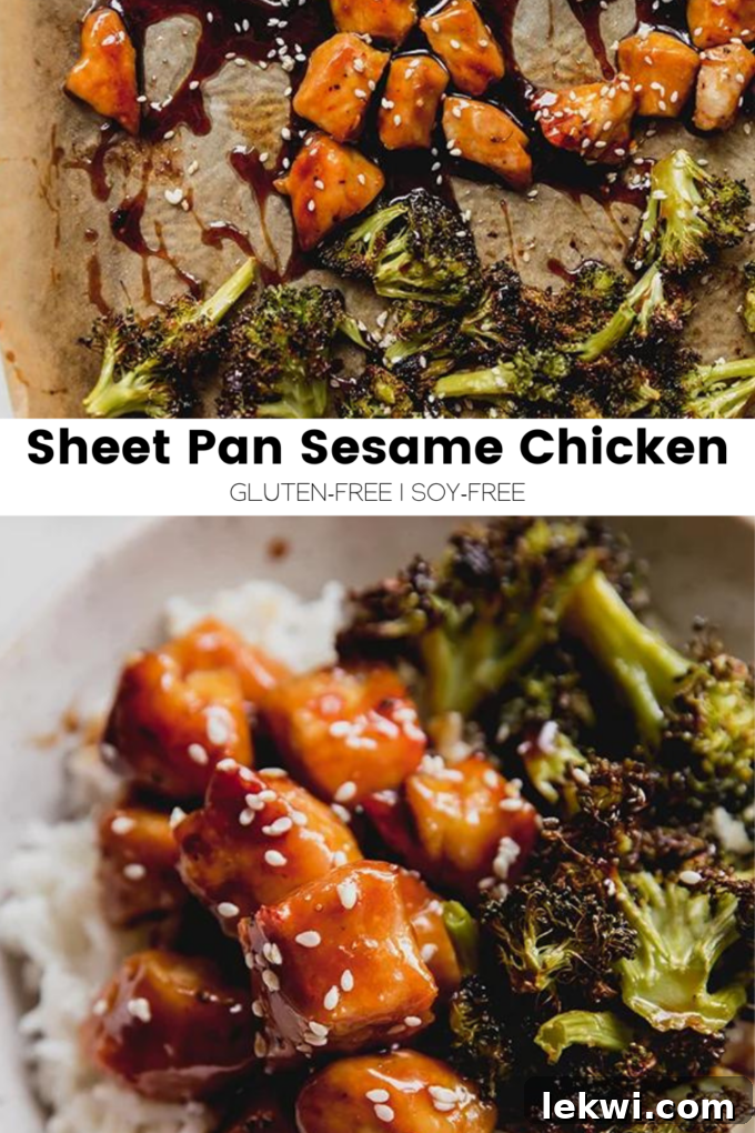 Collage with text \"Sheet Pan Sesame Chicken Gluten-Free | Soy-Free.\"