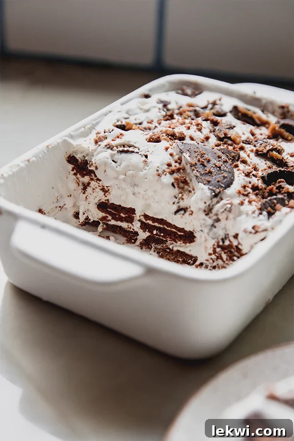 Partially-served ice box cake in a baking dish.