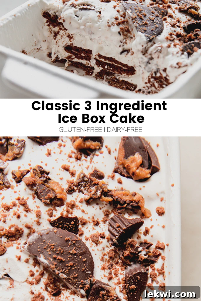 Collage with text "Classic 3 Ingredient Ice Box Cake Gluten-Free | Dairy-Free."
